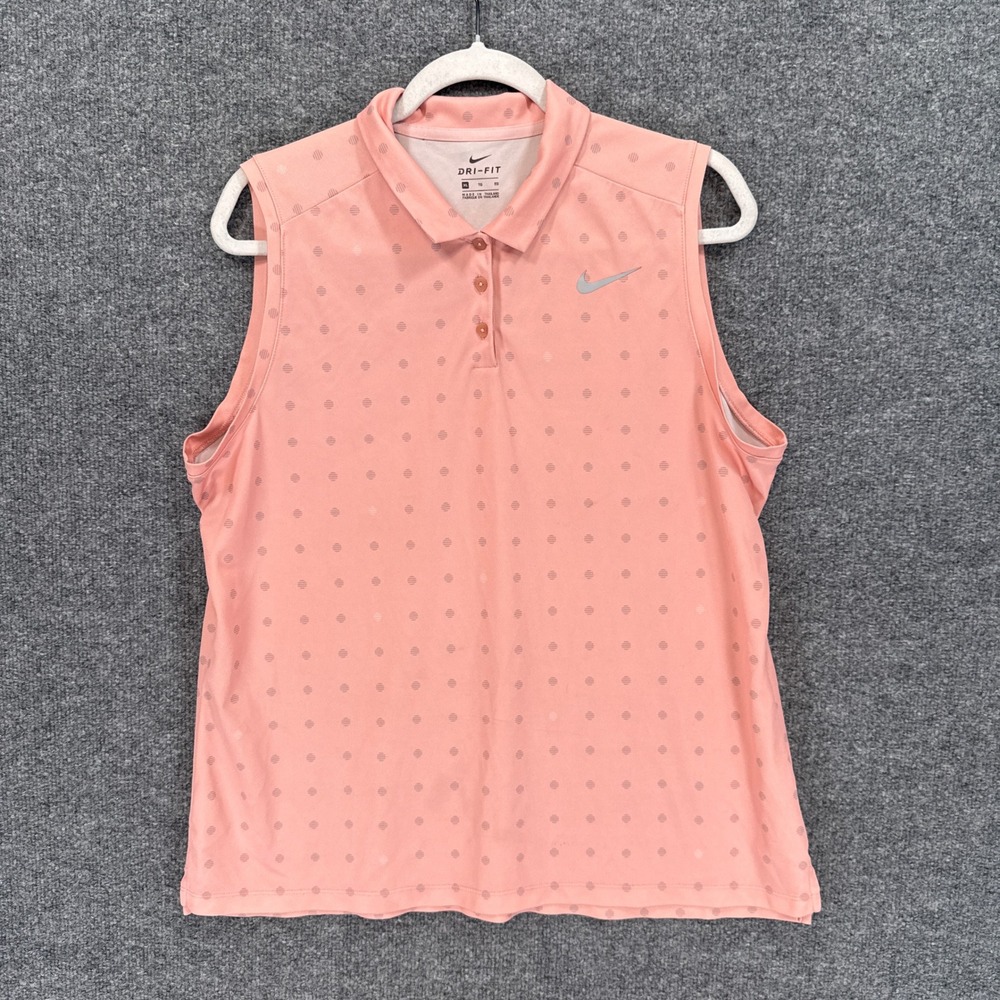 Nike Sleeveless Polo Shirt Women XL Pink Polka Dot Golf Tennis Dri-FIT Athletic